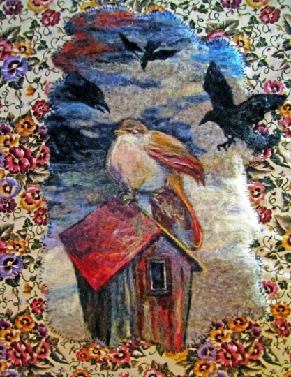Wet Needle Felted Wall Hanging Painting Visitors Birds