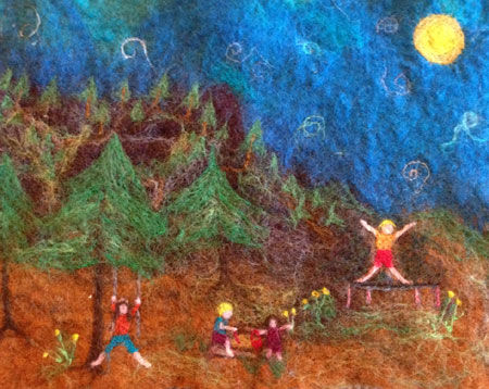 Felted picture of kids playing by Bo Thrasher on www.livingfelt.com/blog